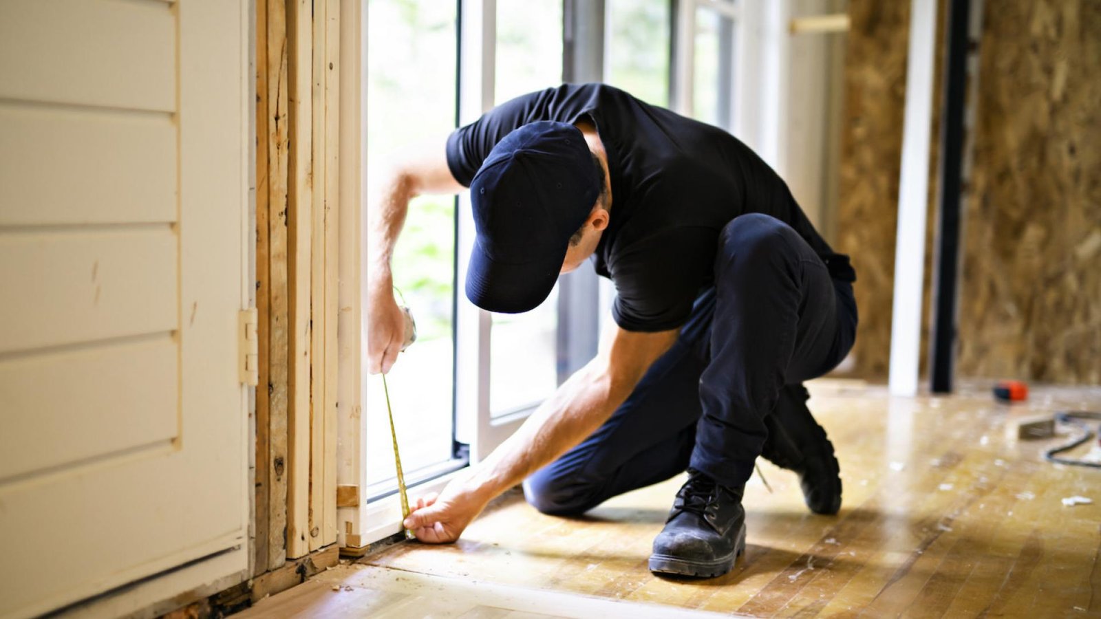 Technician measuring a sliding door opening for installation