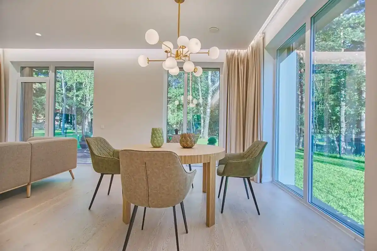 Elegant dining room with sliding glass doors